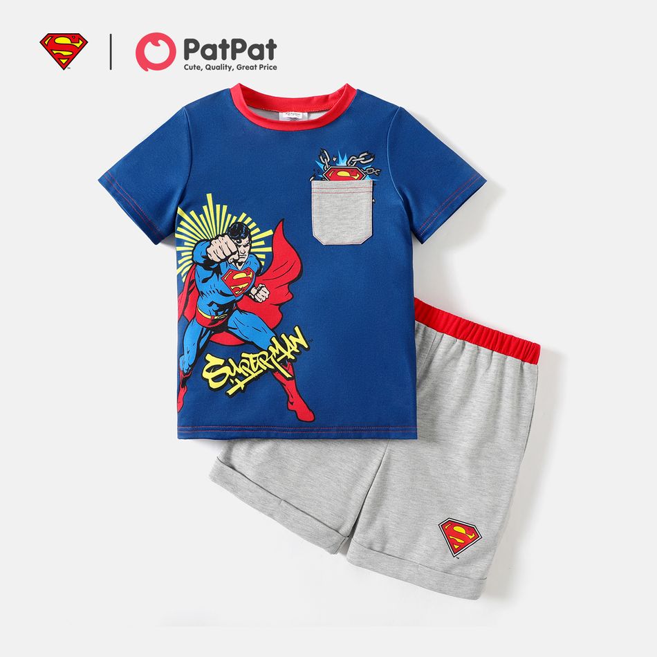 Superman 2pcs Kid Boy Pocket Design Short-sleeve Tee and Elasticized Shorts Set Tibetanblue