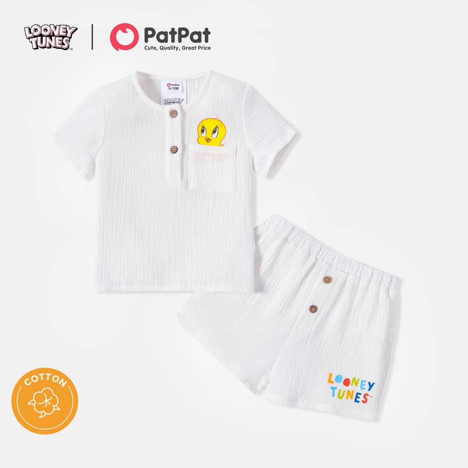 Looney Tunes 100% Cotton Crepe Baby Boy/Girl Button Front Graphic Short-sleeve Top and Shorts Set White big image 1