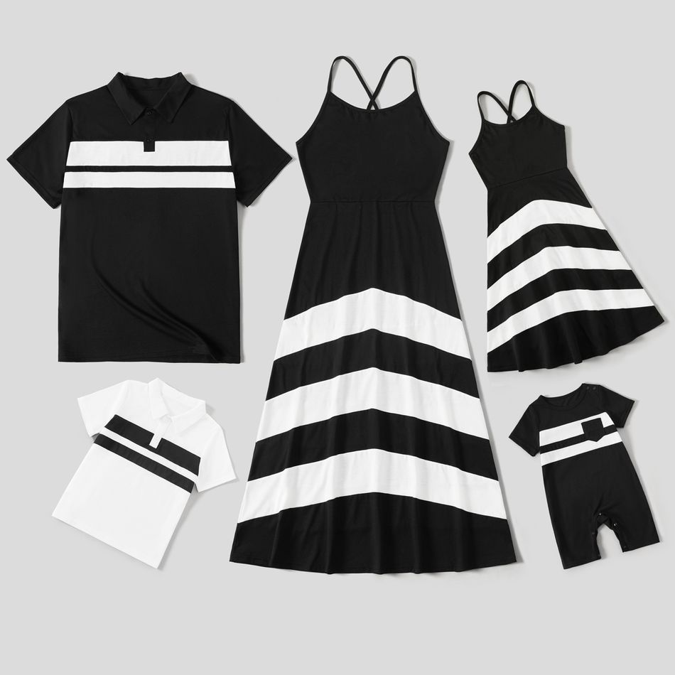Family Matching Black & White Spliced Cami Dresses and Short-sleeve Polo Shirts Sets BlackandWhite