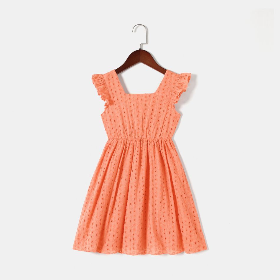 100% Cotton Solid Eyelet Embroidered Flutter-sleeve Dress for Mom and Me Lightorangepowder big image 4