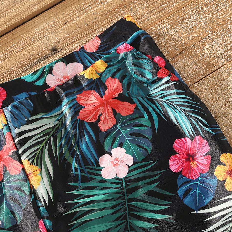 Family Matching Allover Tropical Plants Print Spliced Webbing One-Piece Swimsuit and Swim Trunks Shorts Black big image 10