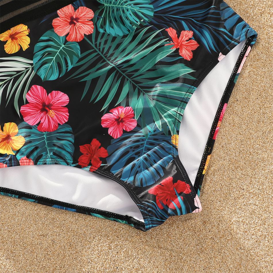 Family Matching Allover Tropical Plants Print Spliced Webbing One-Piece Swimsuit and Swim Trunks Shorts Black big image 5