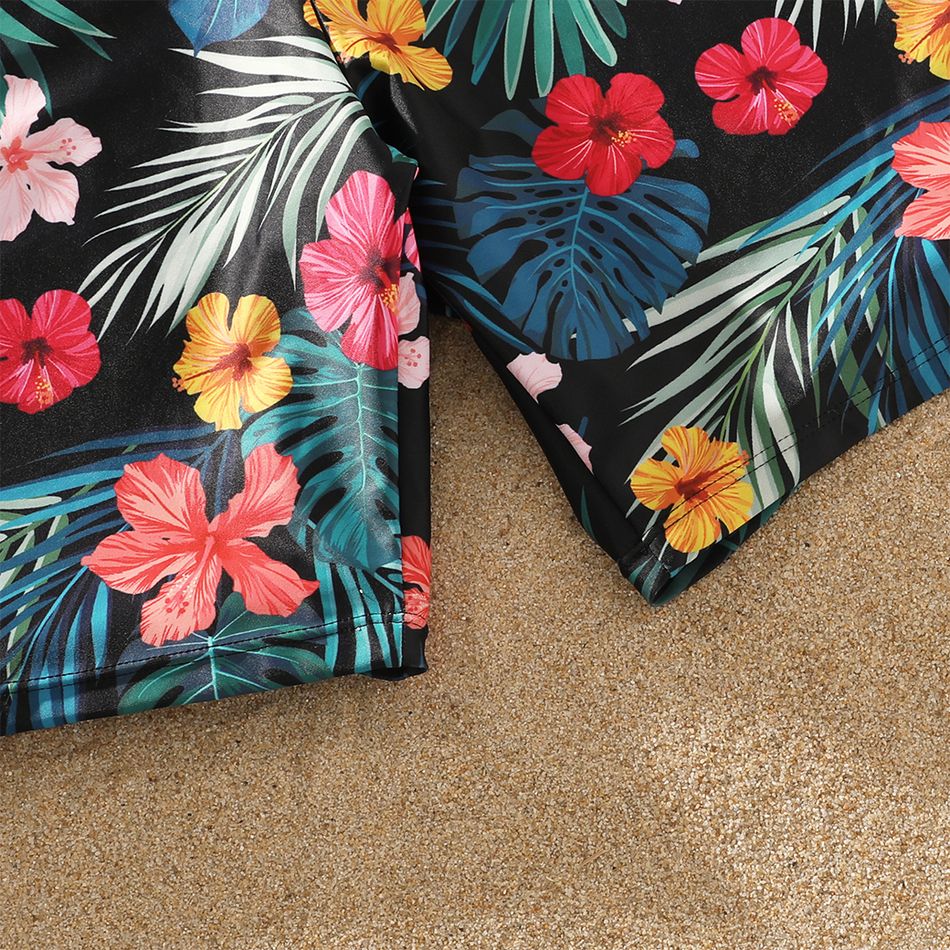 Family Matching Allover Tropical Plants Print Spliced Webbing One-Piece Swimsuit and Swim Trunks Shorts Black big image 11