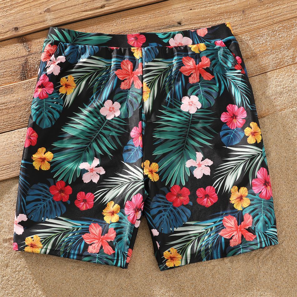 Family Matching Allover Tropical Plants Print Spliced Webbing One-Piece Swimsuit and Swim Trunks Shorts Black big image 8
