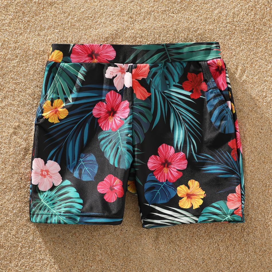 Family Matching Allover Tropical Plants Print Spliced Webbing One-Piece Swimsuit and Swim Trunks Shorts Black big image 9