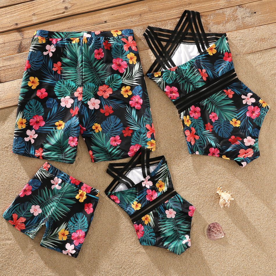 Family Matching Allover Tropical Plants Print Spliced Webbing One-Piece Swimsuit and Swim Trunks Shorts Black big image 2