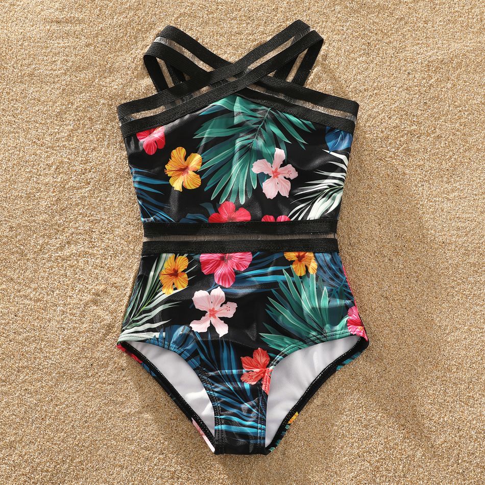 Family Matching Allover Tropical Plants Print Spliced Webbing One-Piece Swimsuit and Swim Trunks Shorts Black big image 3