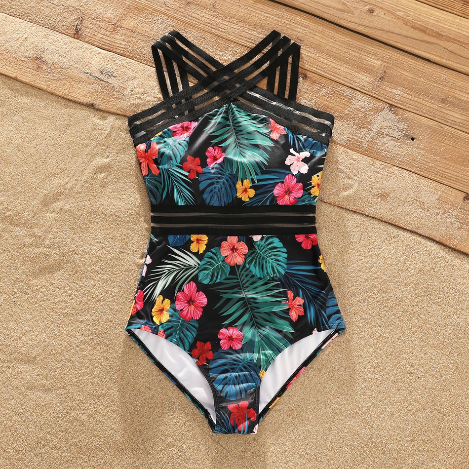 Family Matching Allover Tropical Plants Print Spliced Webbing One-Piece Swimsuit and Swim Trunks Shorts Black big image 6