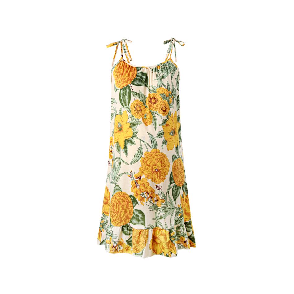 Maternity Floral Print Ruffle Hem Knot Shoulder Cami Dress Yellow