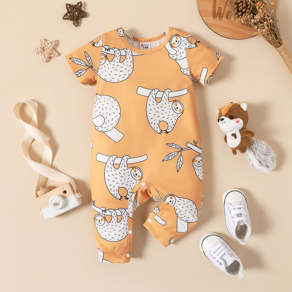 Baby Boy Allover Cartoon Animal Print Short-sleeve Jumpsuit KHAKI
