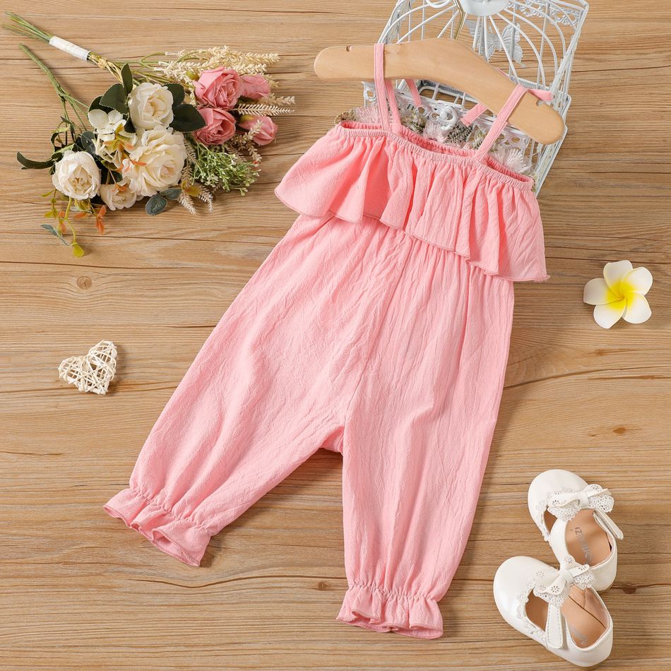 100% Cotton Baby Girl Floral Embroidered Flounce Cami Jumpsuit Pink big image 2