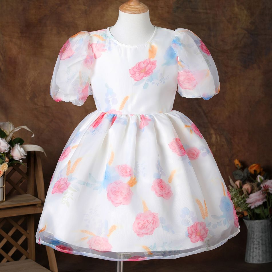 Kid Girl Floral Print Short Puff-sleeve Mesh Design Princess Party Dress OffWhite big image 6