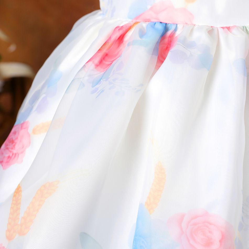 Kid Girl Floral Print Short Puff-sleeve Mesh Design Princess Party Dress OffWhite big image 5