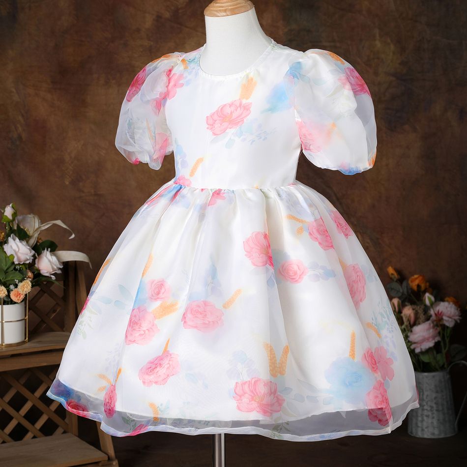 Kid Girl Floral Print Short Puff-sleeve Mesh Design Princess Party Dress OffWhite big image 2