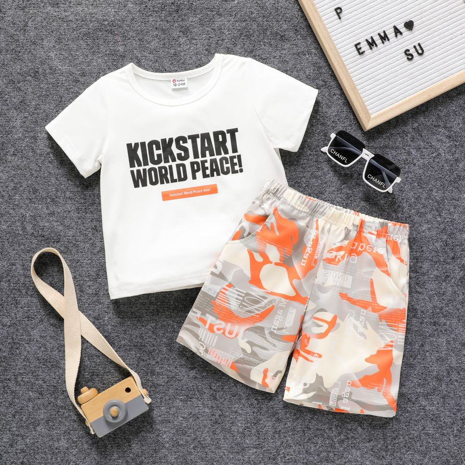 2pcs Toddler Boy Casual Letter Print Tee and Camouflage Print Shorts Set White