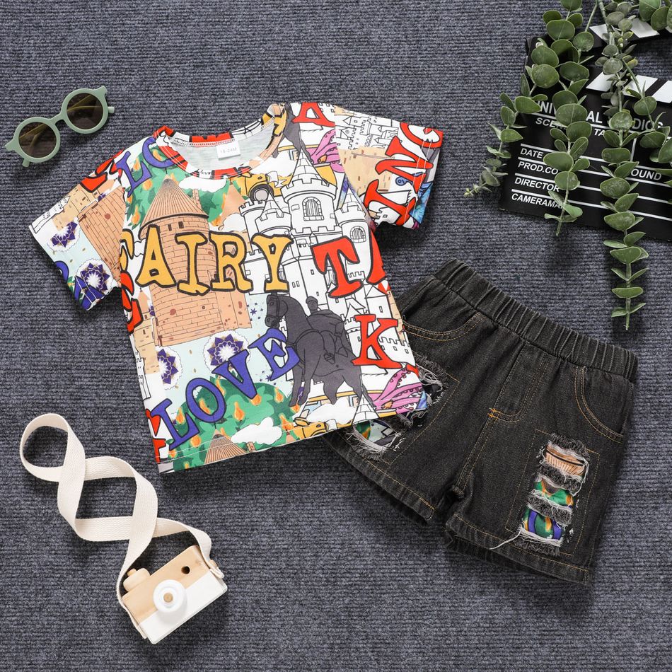 2pcs Toddler Boy Playful Ripped Denim Shorts and Letter Painting Print Tee Set Multi-color big image 1