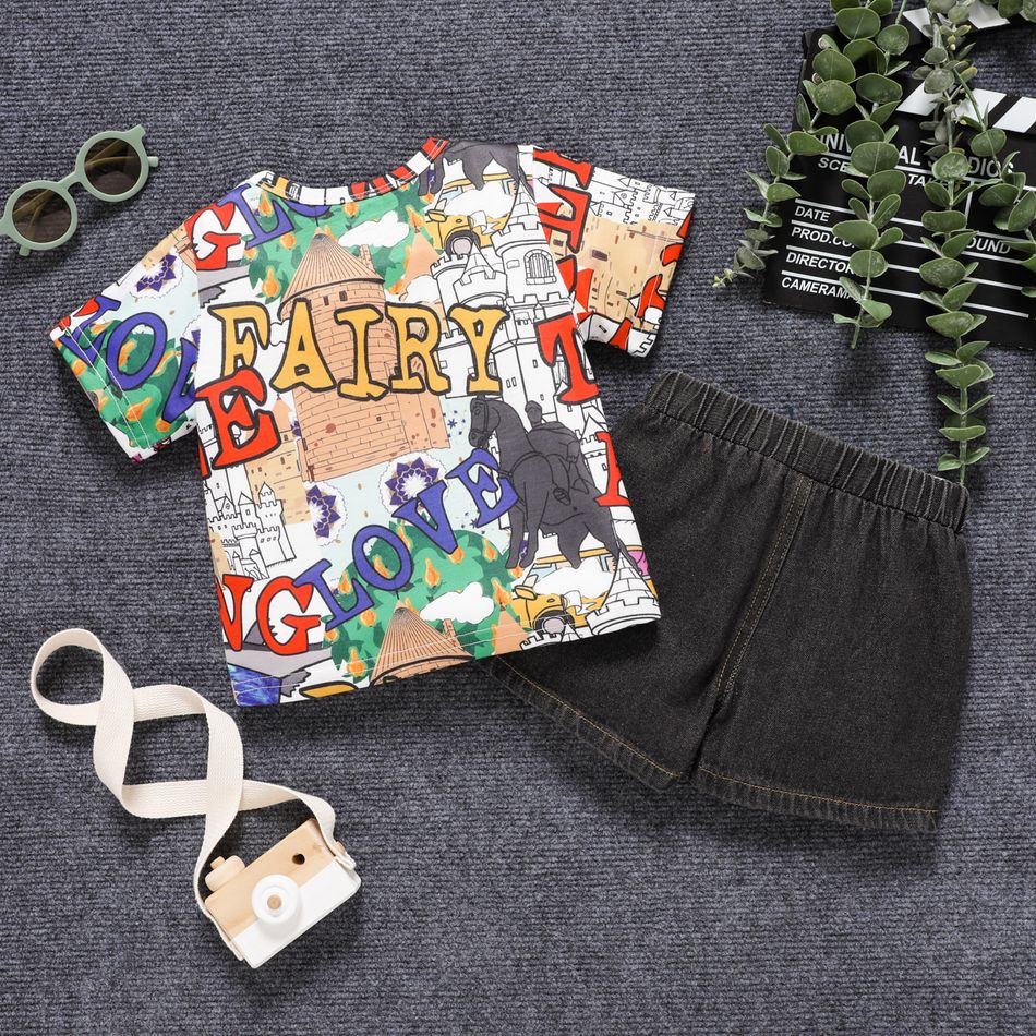2pcs Toddler Boy Playful Ripped Denim Shorts and Letter Painting Print Tee Set Multi-color big image 3