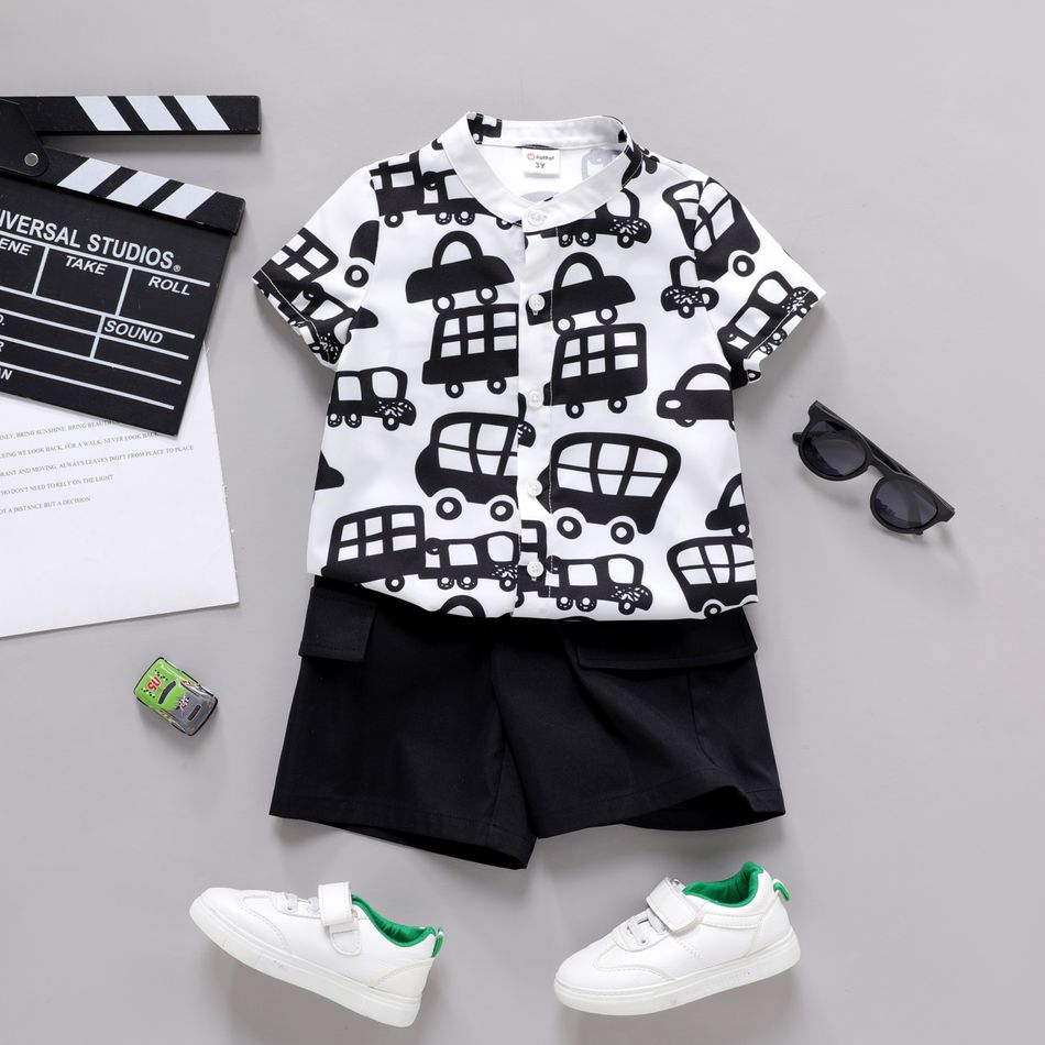 2pcs Toddler Boy Vehicle Car Print Button Design Short-sleeve Shirt and Black Shorts Set BlackandWhite