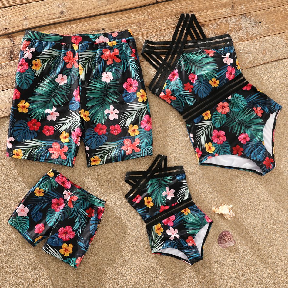 Family Matching Allover Tropical Plants Print Spliced Webbing One-Piece Swimsuit and Swim Trunks Shorts Black