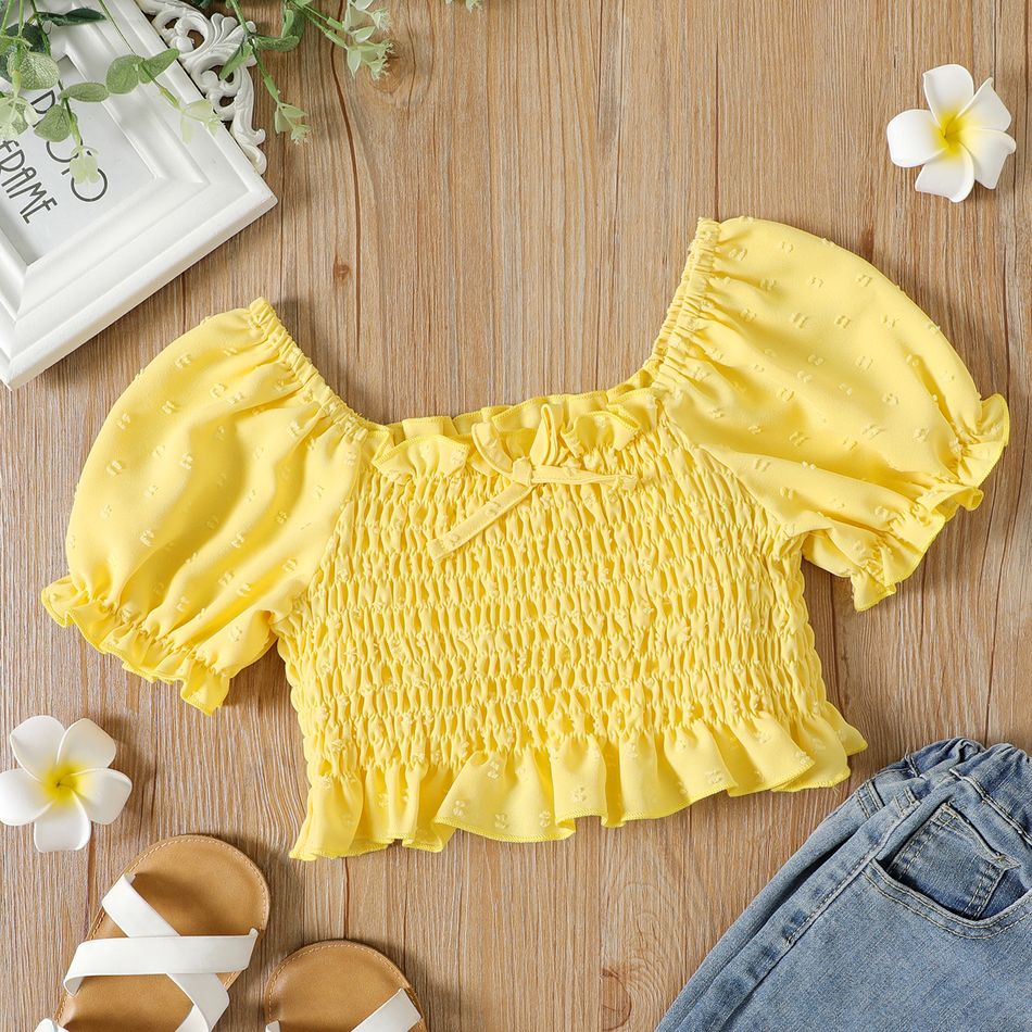 Kid Girl Solid Color Smocked Bowknot Design Dotted Swiss Square Neck Short-sleeve Blouse Yellow