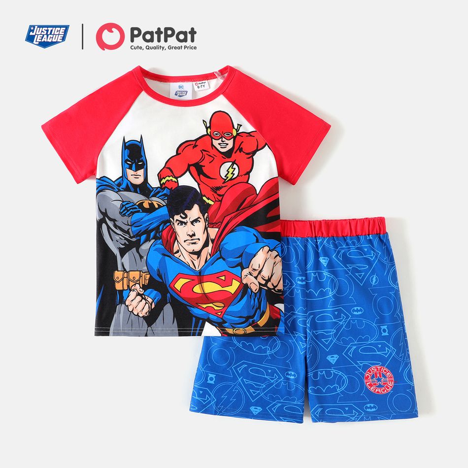 Justice League 2pcs Kid Boy Figure Print Short Raglan Sleeve Tee and Shorts Set Red