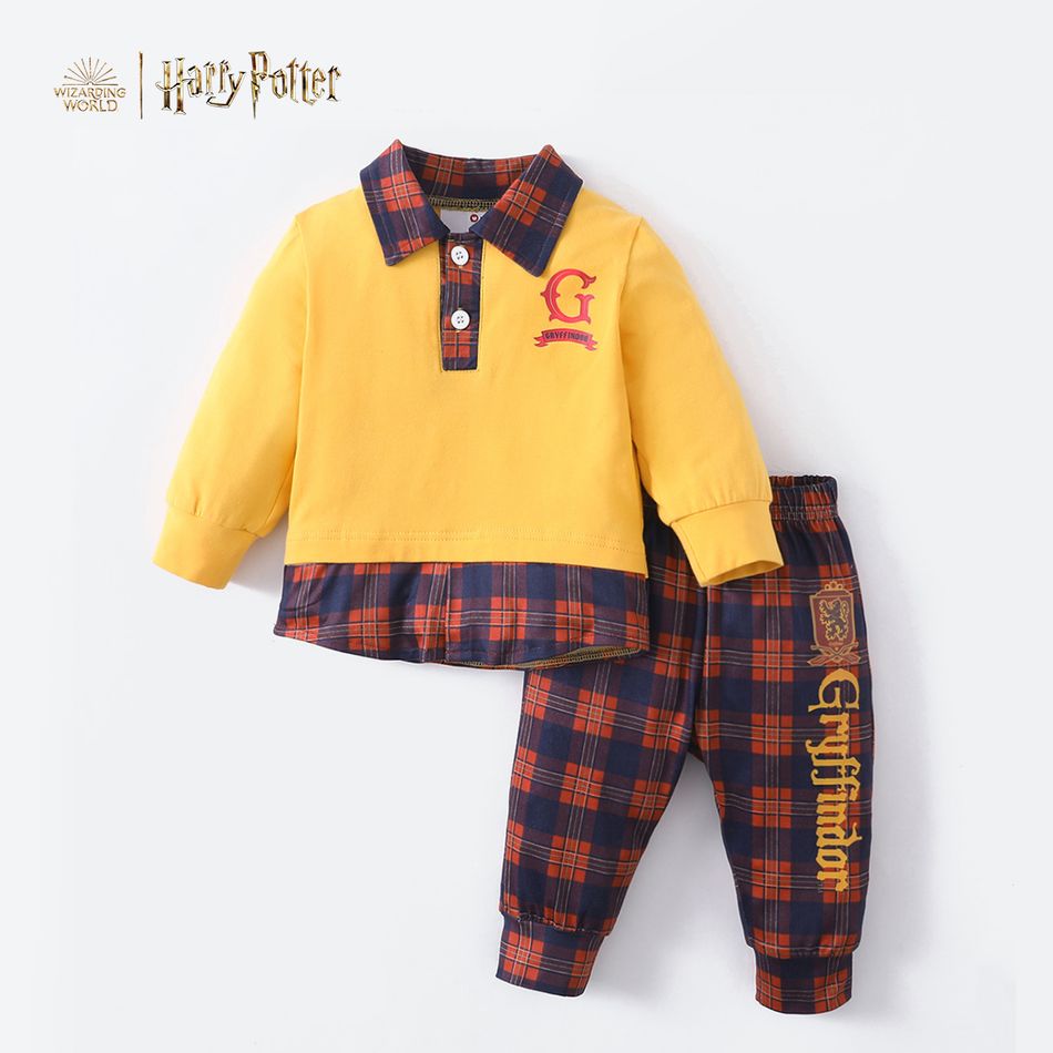 Harry Potter 2pcs Baby Boy Letter Print Yellow Long-sleeve Plaid Faux-two Top and Trousers Set Yellow