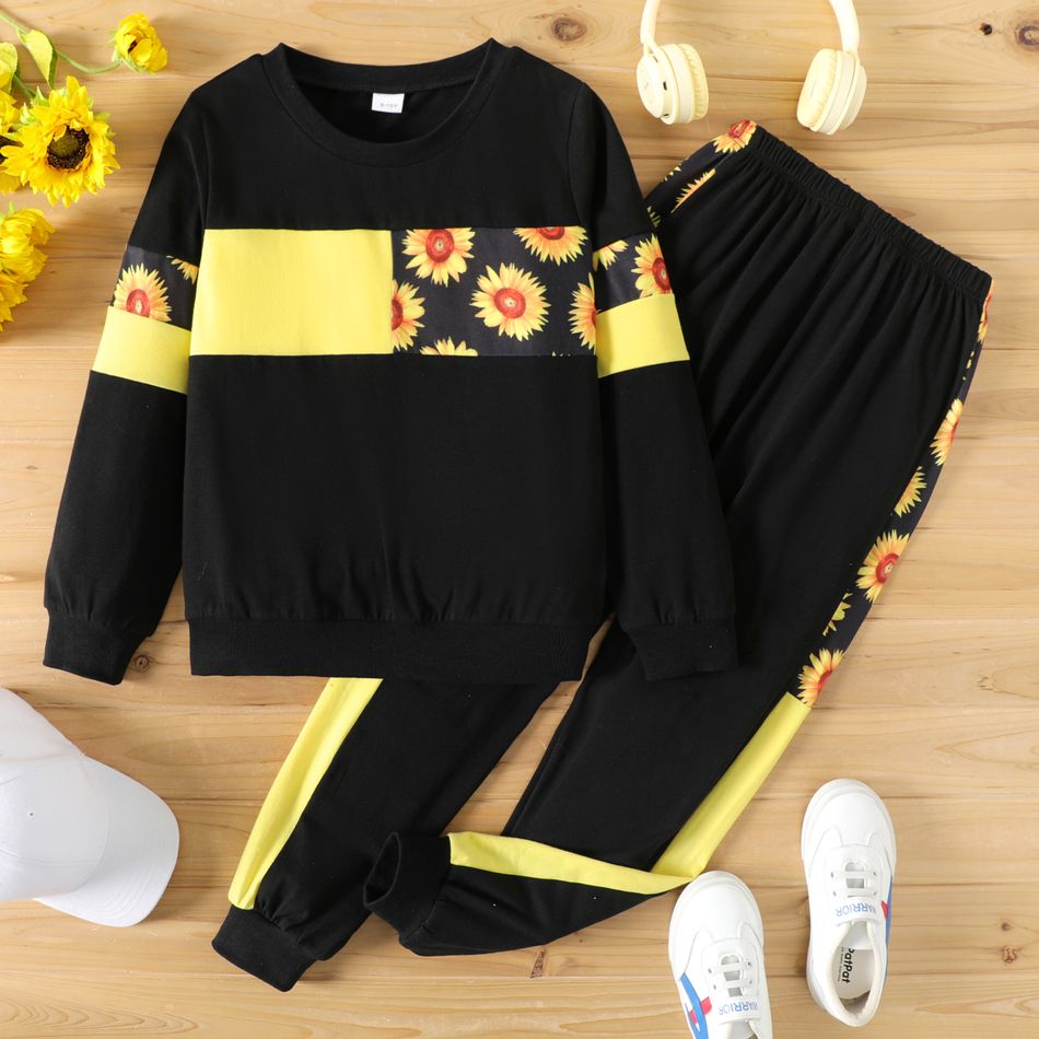 2pcs Kid Girl Floral Sunflower Print Colorblock Pullover Sweatshirt and Elasticized Pants Set Black big image 1