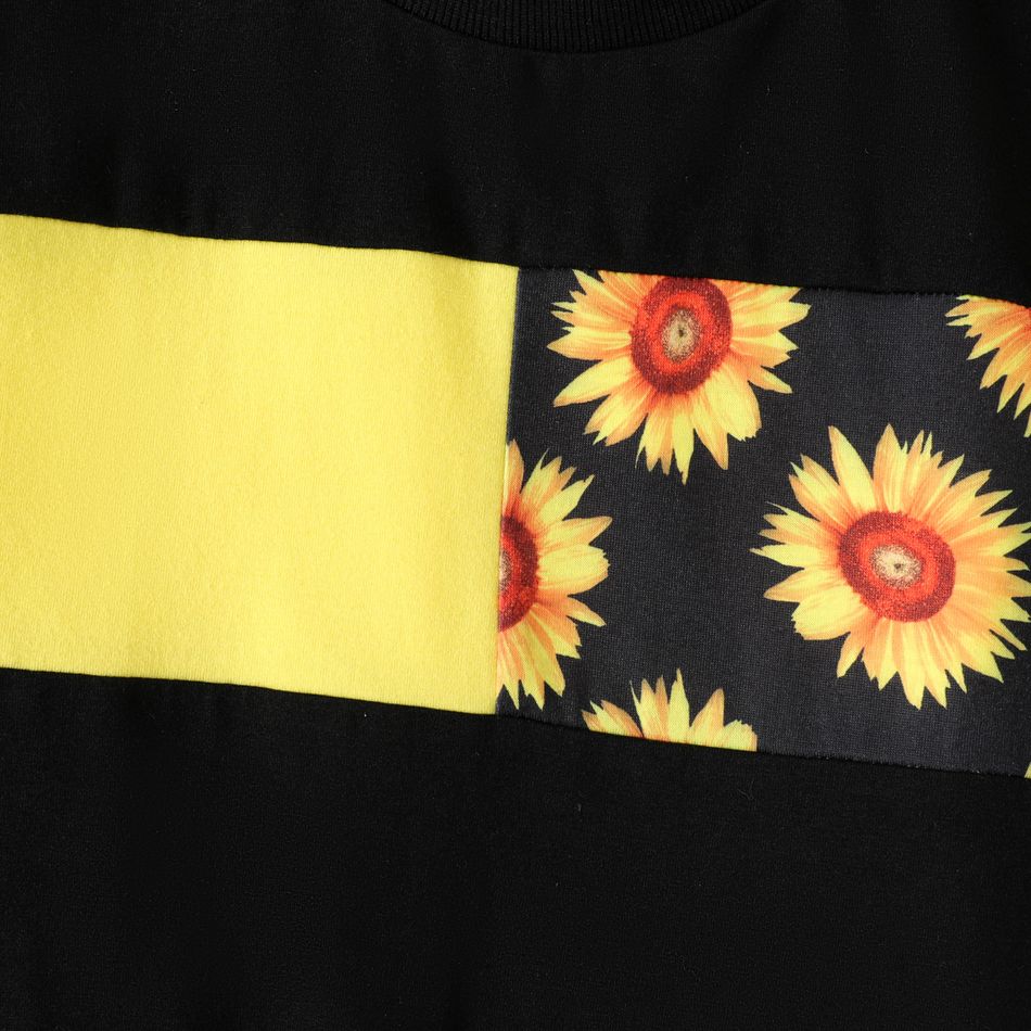 2pcs Kid Girl Floral Sunflower Print Colorblock Pullover Sweatshirt and Elasticized Pants Set Black big image 4