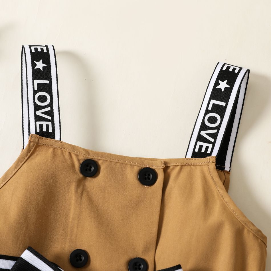 Toddler Girl Letter Print Button Design Belted Strap Dress Khaki big image 4
