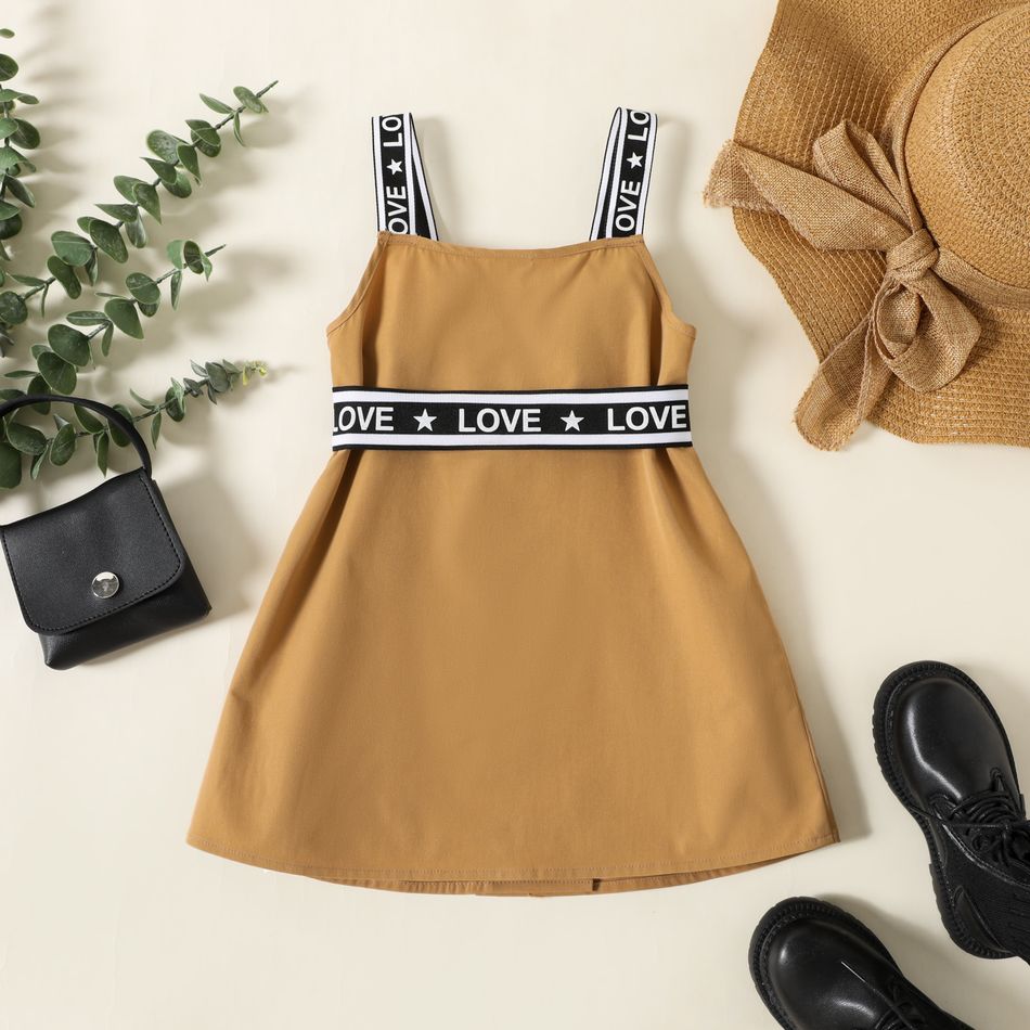 Toddler Girl Double Breasted Belted Letter Design Strap Dress Khaki big image 2
