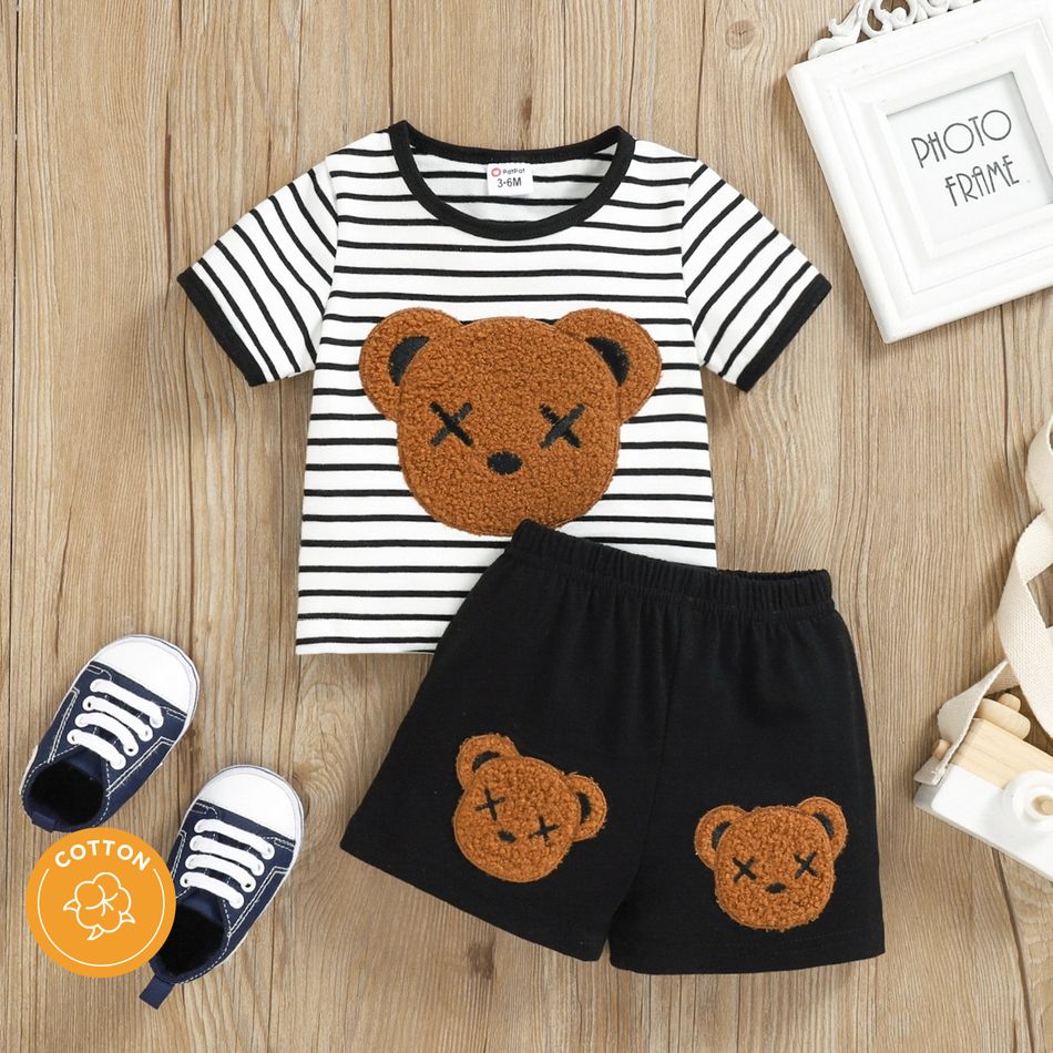 100% Cotton 2pcs Baby Boy Cartoon Bear Embroidered Striped Short-sleeve T-shirt and Shorts Set White