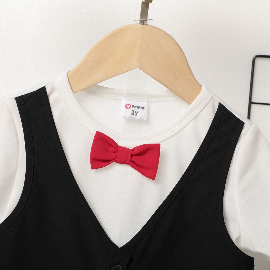 2pcs Toddler Boy Gentleman Suit, Faux-two Vest & Bow tie Design Tee and Black Shorts Set Black big image 3