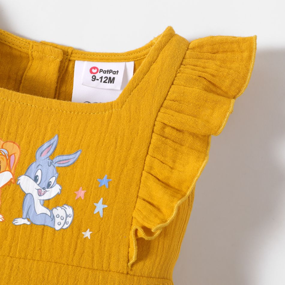 Looney Tunes 100% Cotton Crepe Baby Girl Graphic Ruffle Trim Sleeveless Romper Ginger big image 3