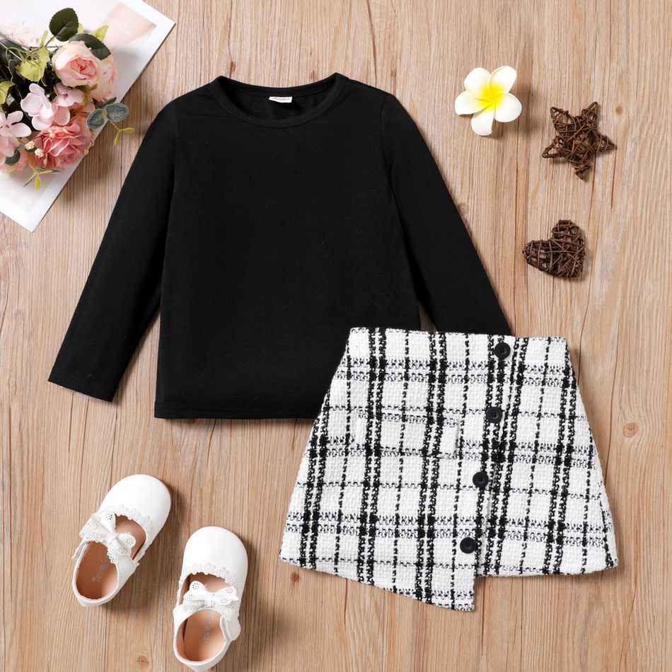 2pcs Toddler Girl Long-sleeve Black Tee abnd Plaid Button Design Tweed Skirt Set Black