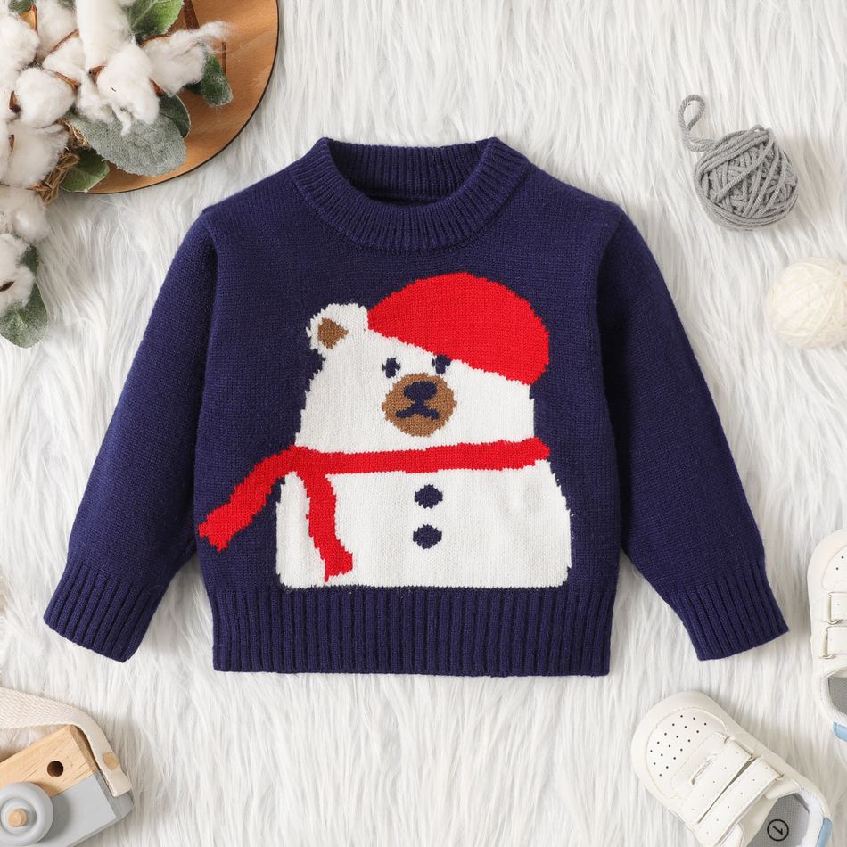 Baby Boy/Girl Polar Bear Pattern Long-sleeve Knitted Sweater Navy big image 1