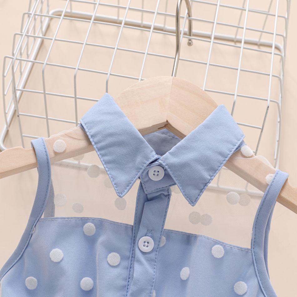 الرياح الزرقاء طفل فتاة منقطة طباعة طية صدر السترة الياقة شبكة بلا أكمام فستان أزرق الضوء الأزرق big image 3