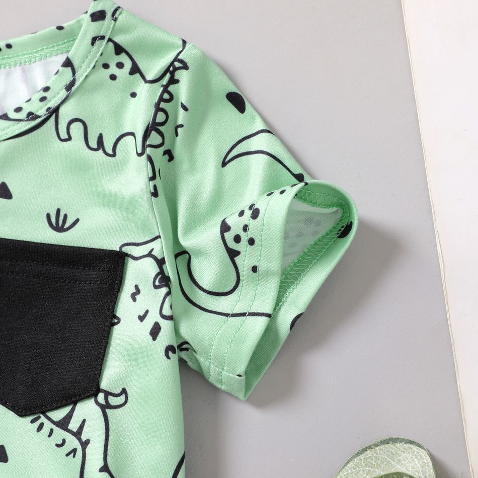 2pcs Baby Boy Allover Dinosaur Print Short-sleeve T-shirt and Colorblock Shorts Set DarkGreen big image 4