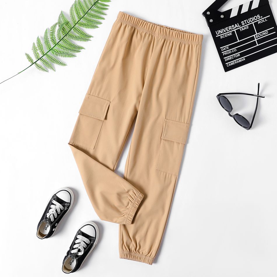 Kid Boy Casual Solid Color Pocket Design Cargo Pants Khaki