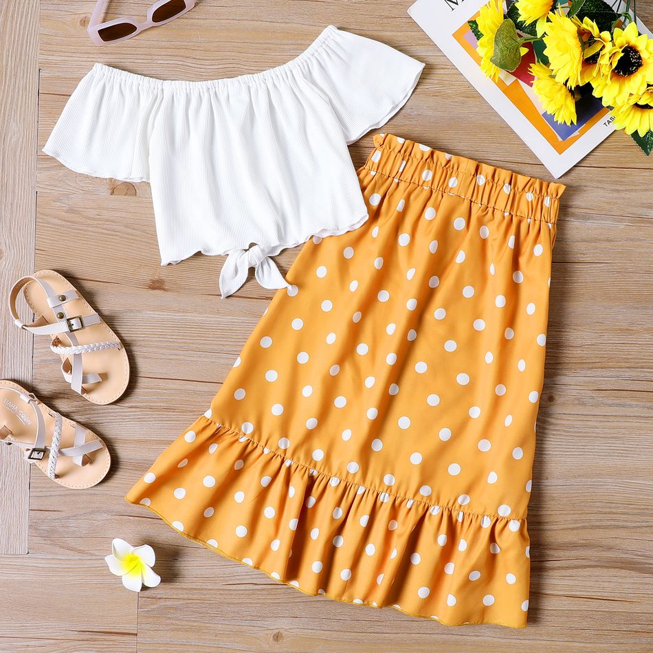 2pcs Kid Girl 100% Cotton Off Shoulder Tie Knot White Short-sleeve Tee and Polka dots Button Design Skirt Set Yellow