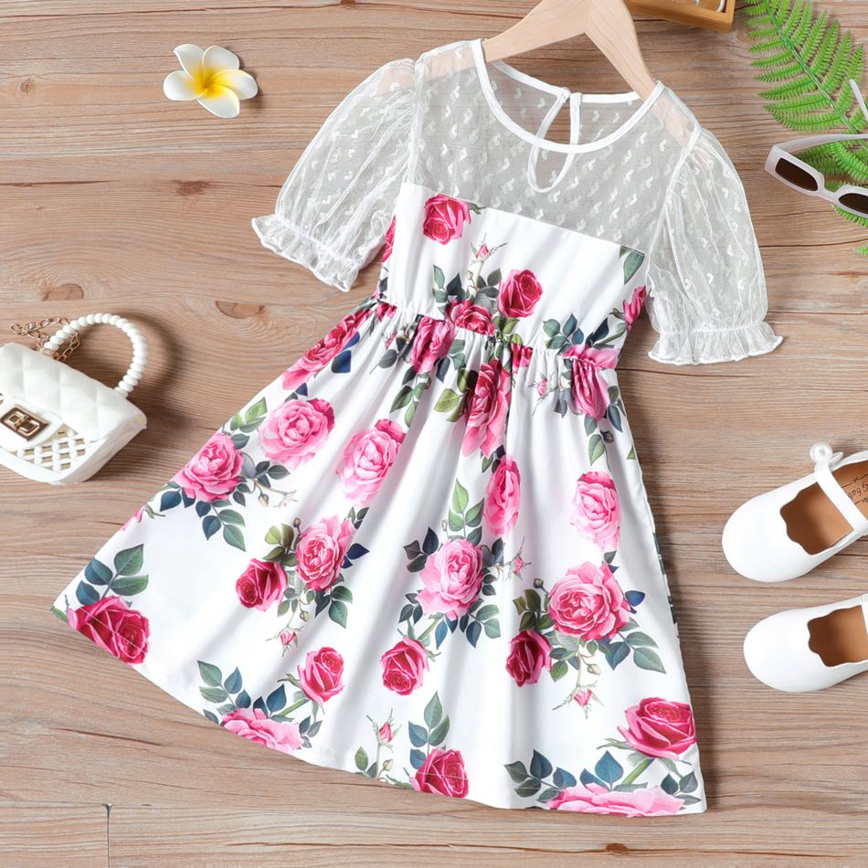 Kid Girl Floral Print Lace Splice Short-sleeve Dress White