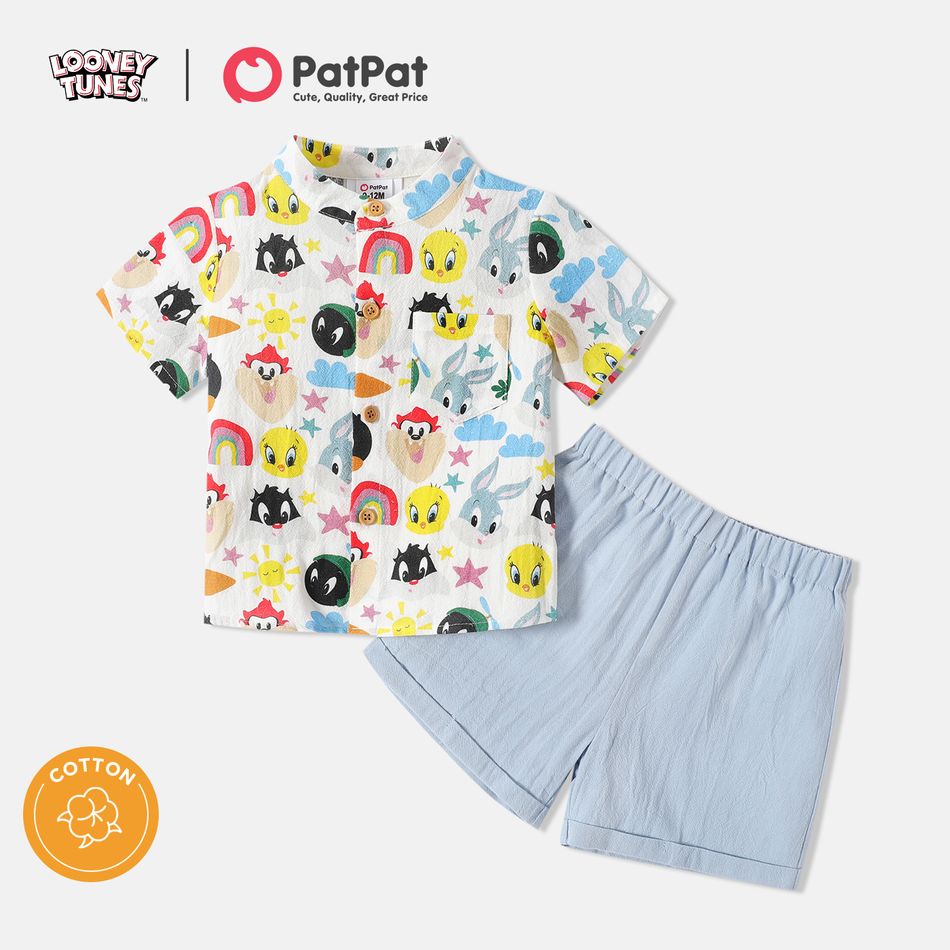 Looney Tunes 100% Cotton Baby Boy Allover Cartoon Animal Print Stand Collar Short-sleeve Shirt and Solid Shorts Set Blue