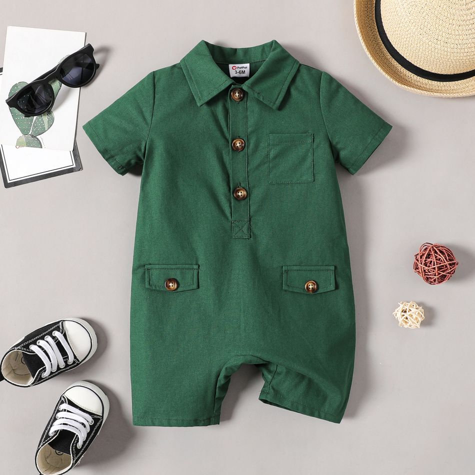 100% Cotton Baby Boy Button Front Solid Polo Neck Short-sleeve Romper Chartreuse