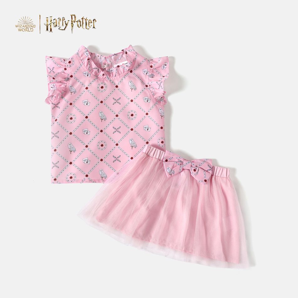 Harry Potter 2-piece Toddler Girl Animal Ruffle Collar Letter Print Flutter-sleeve Tee and Bowknot Design Mesh Skirt Set Light Pink