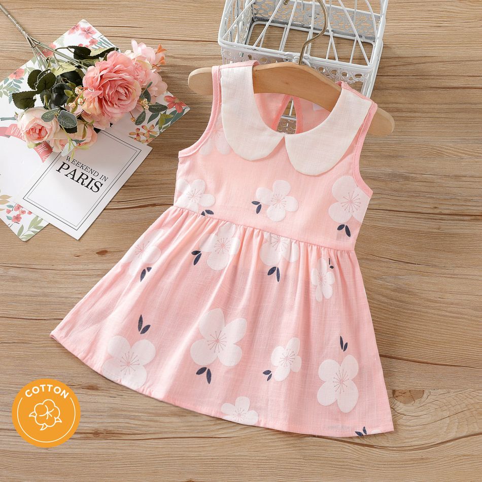 100% Cotton Baby Girl Peter Pan Collar Floral Print Tank Dress Light Pink big image 1