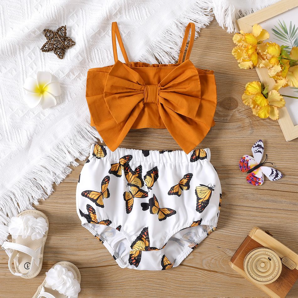 2pcs Baby Girl 100% Cotton Bow Front Camisole and Allover Butterfly Print Shorts Set Color block