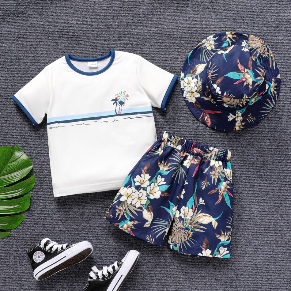 3pcs Toddler Boy Vacation Floral Print Straw Hat and Short-sleeve Tee & Shorts Set White