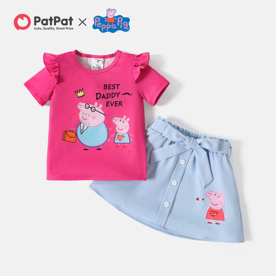 Pappa Pig 2pcs Toddler Girl Letter Print Ruffled Short-sleeve Tee and Button Design Belted Skirt Set Pink