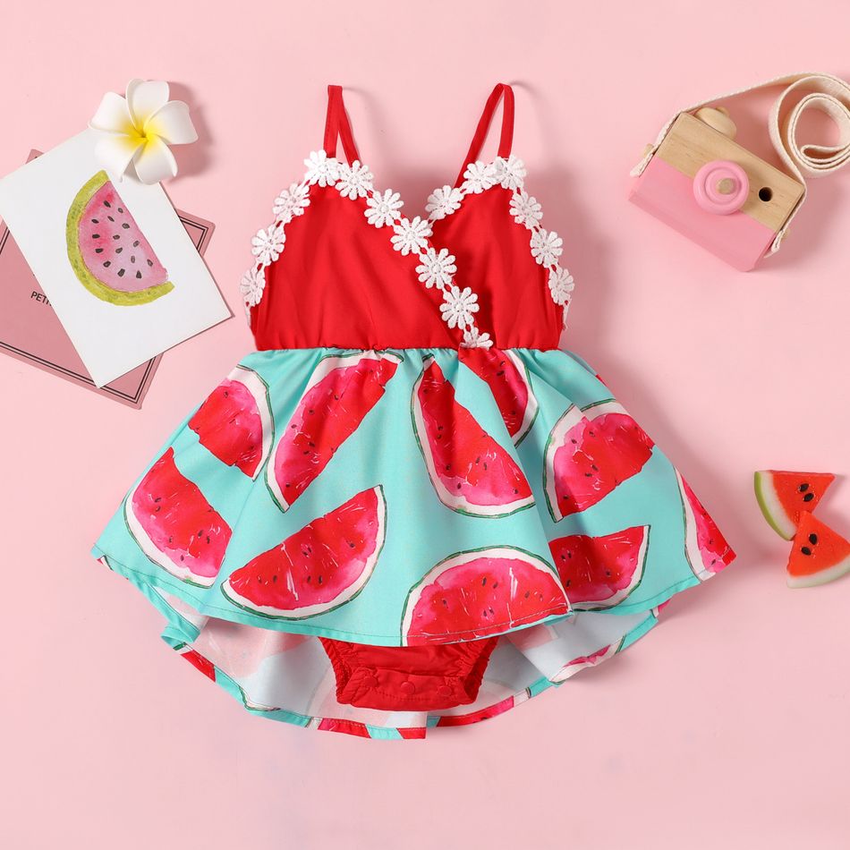 Baby Girl Red Watermelon Print 3D Floral Applique Cami Romper Dress Color block