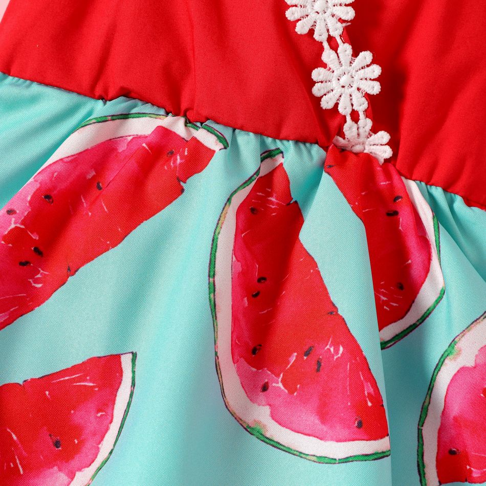 Baby Girl Red Watermelon Print 3D Floral Applique Cami Romper Dress Color block big image 4