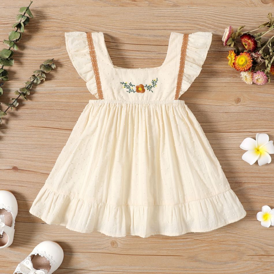 100% Cotton Baby Girl Floral Embroidered Solid Swiss Dot Ruffle Trim Sleeveless Dress BlanchedAlmond